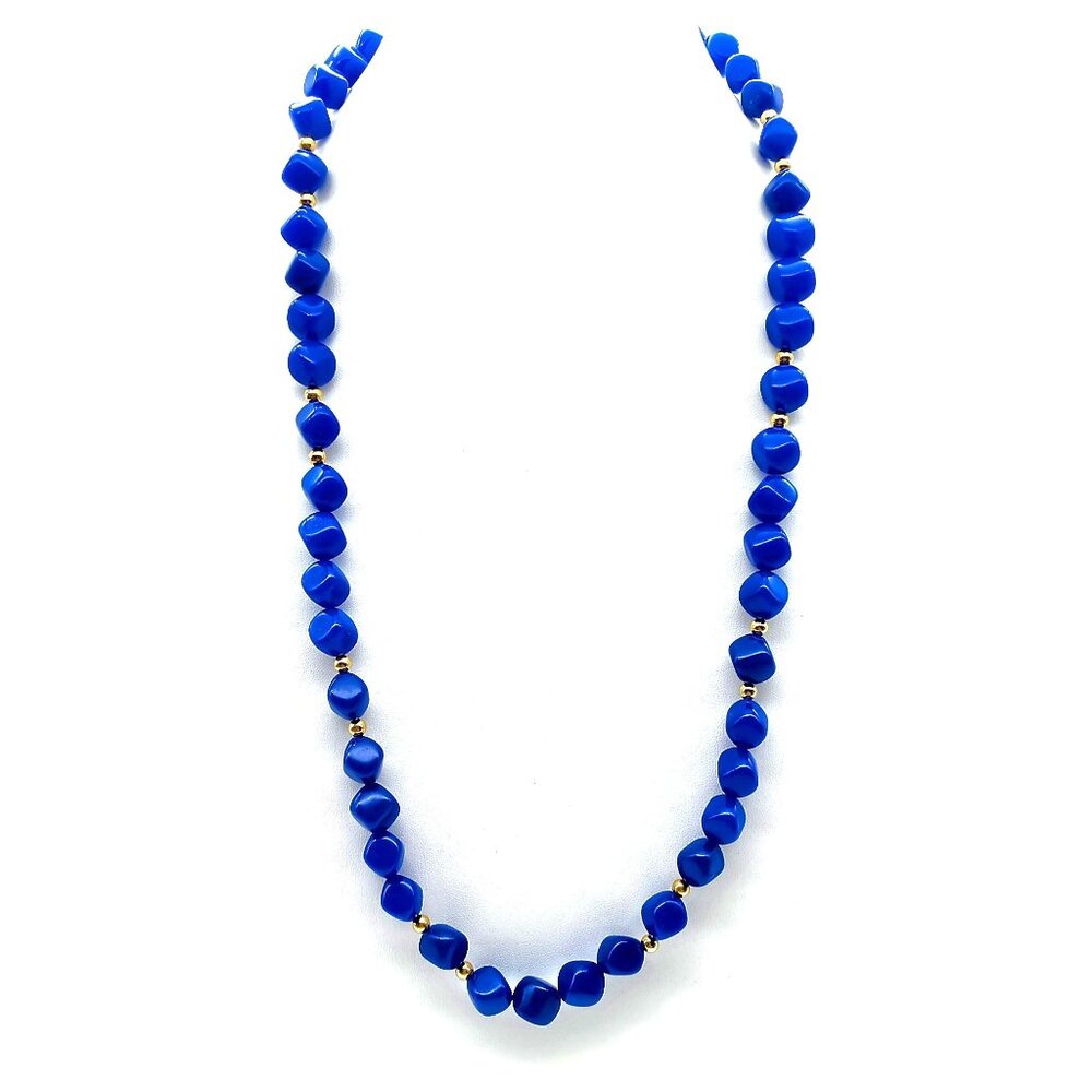 Avon Royal Blue and Gold Beaded Vintage Necklace with Hidden Clasp and Lucite